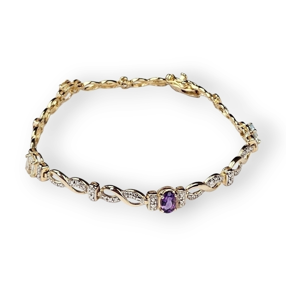 Multi Gemstone Sterling Tennis Bracelet Diamond Accent Gold Plated 925 Silver